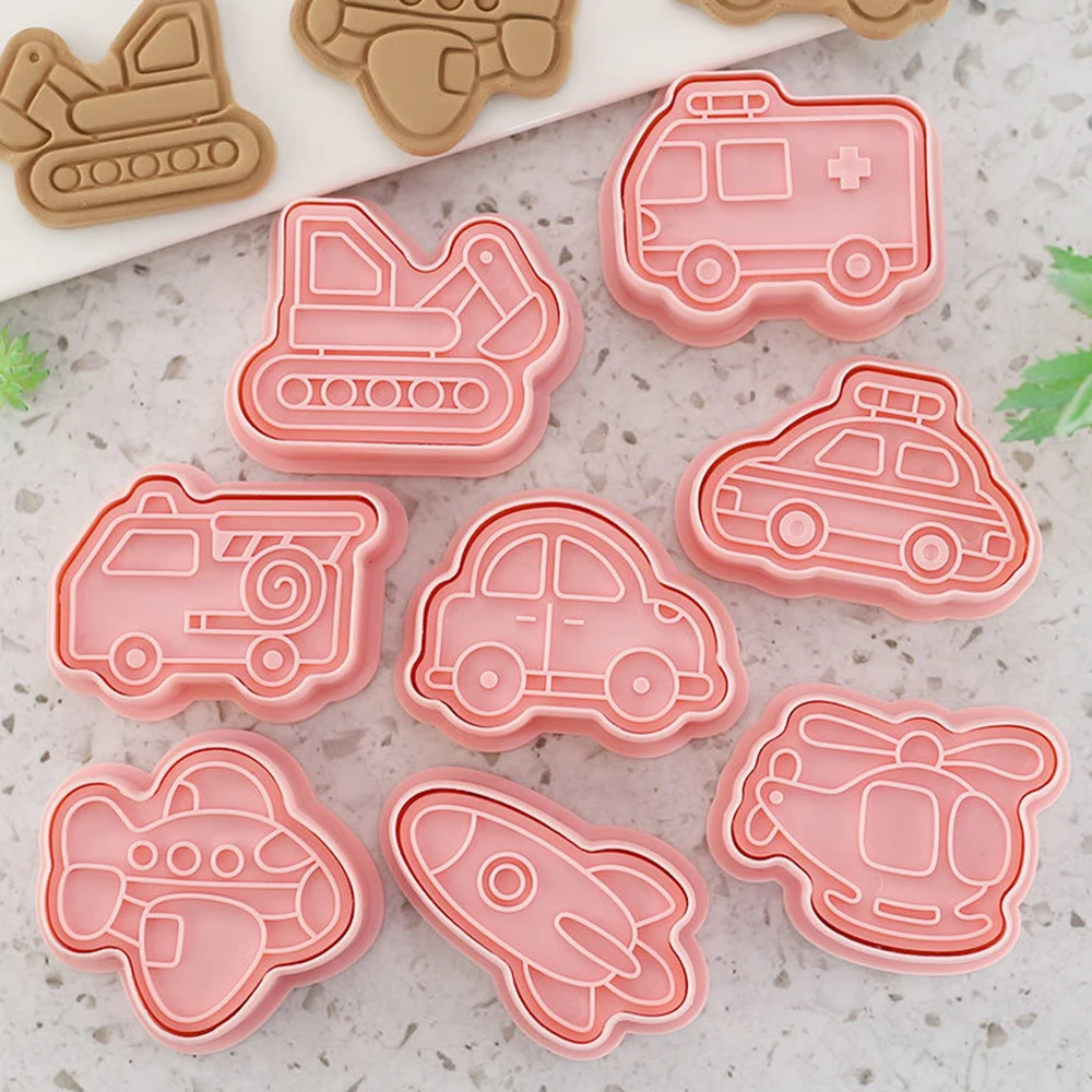 8Pcs Traffictool Cars Cookie Cutters Plastic Embosser Cookie Molds Kids Birthday Party Baking Stamp Decor Supplies Baby Shower