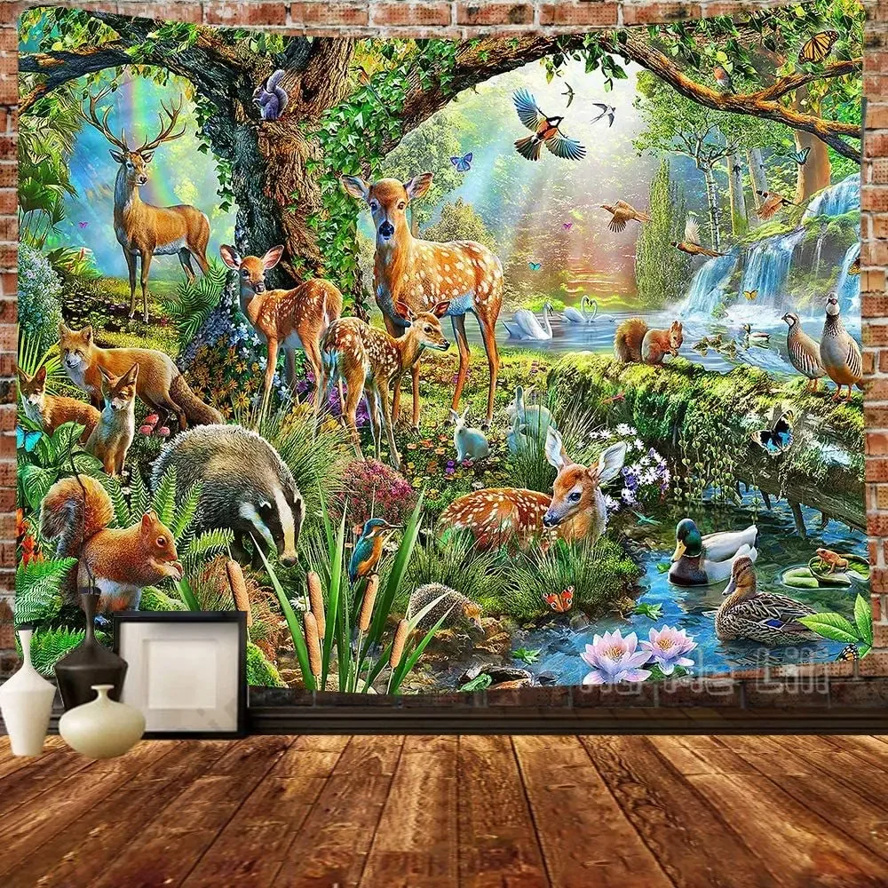 

Гобелен с изображением мира животных, сказочный лес, психоделический Радужный декор, настенный милый забавный животный, отдыха под древним деревом