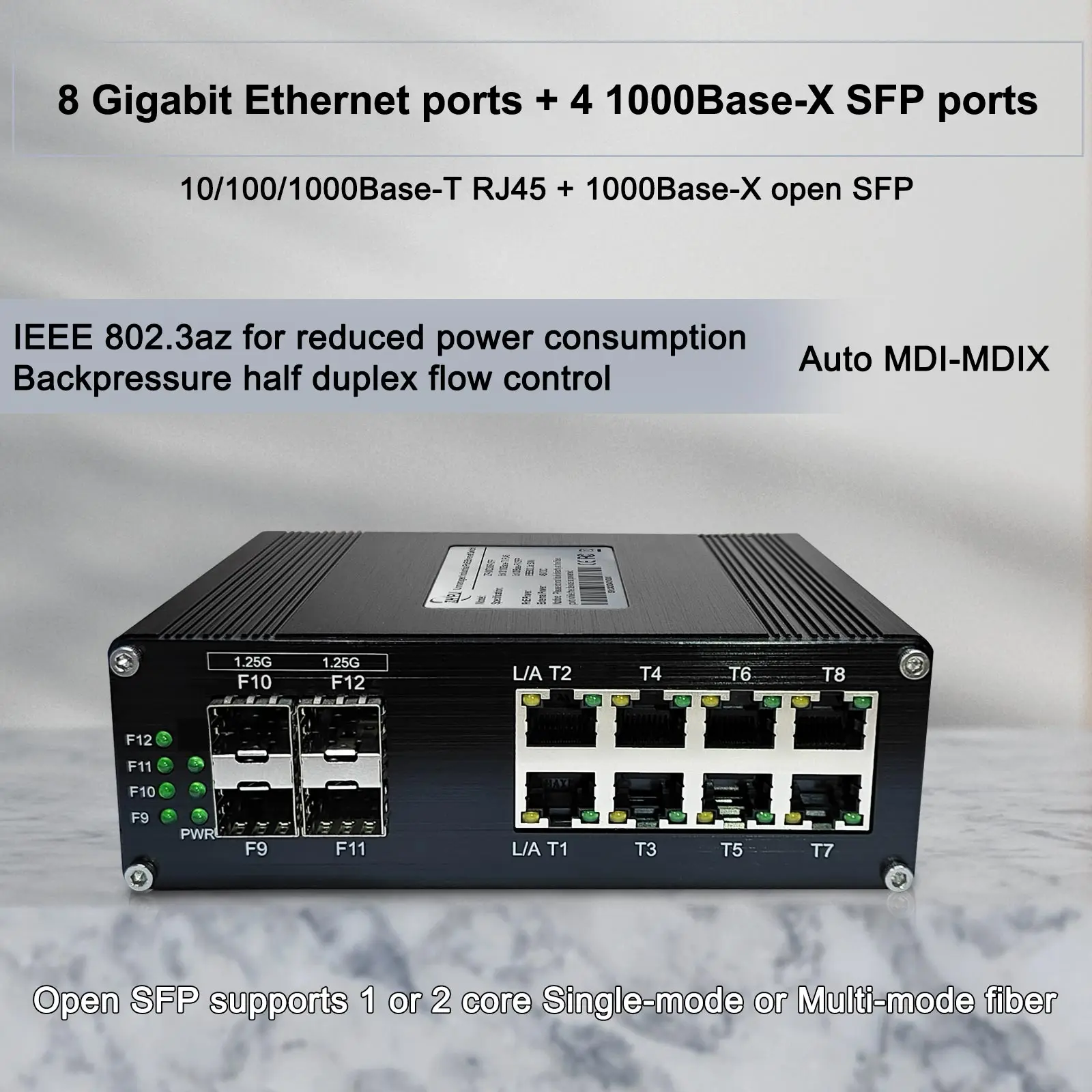 Industrial 8-Port Gigabit + 4-Port Gigabit SFP Non-PoE Switch, 12-48VDC Wide Input, -40°C to 80°C, Compact Low-Power Industrial