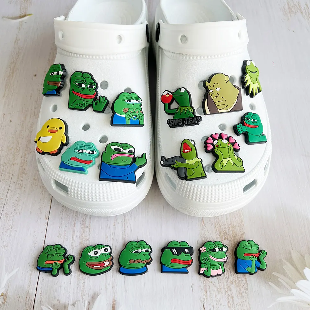 1-20pcs Sad Frog Shoe Charms for Clogs Sandals Decoration DIY PVC Cartoon Garden Shoe Accessories Charms for Friends Gifts