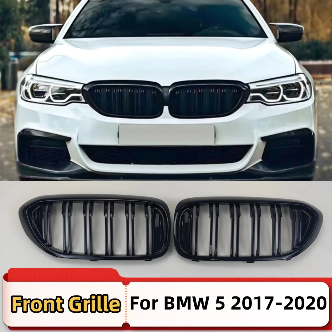 Front Inlet Grille Bumper Grill Middle Grid For BMW 5 Series G30 G31 2017-20 xDrive Double Slat Kidney Grill Glossy Black Grille