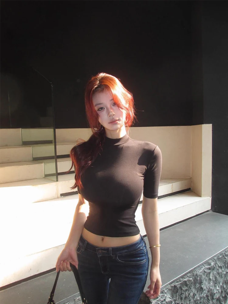 

Black Tight Short Sleeve T-shirt Stand Collar Summer Women's Top Fashion Casual Basic Short Sleeve T-shirt Korean Style Clothing