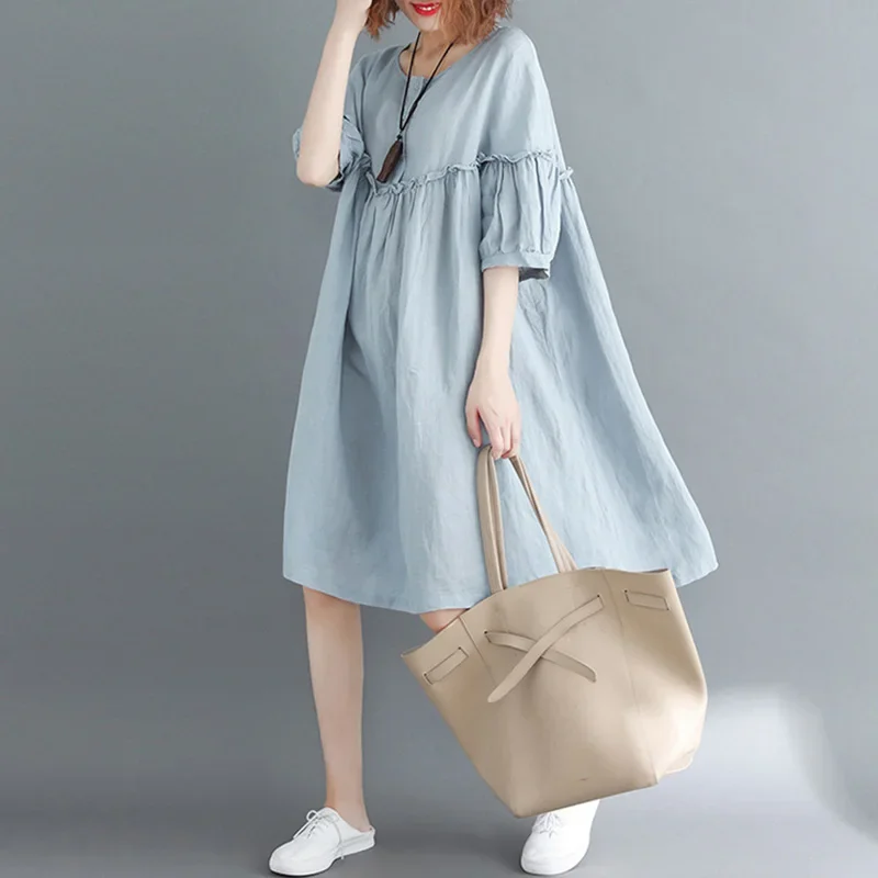 

Elegant Women's Maxi Dress Summer 2025 Solid Color 3/4 Lantern Sleeve Long Shirt Sundress Casual Loose Ruffled Lady Robe