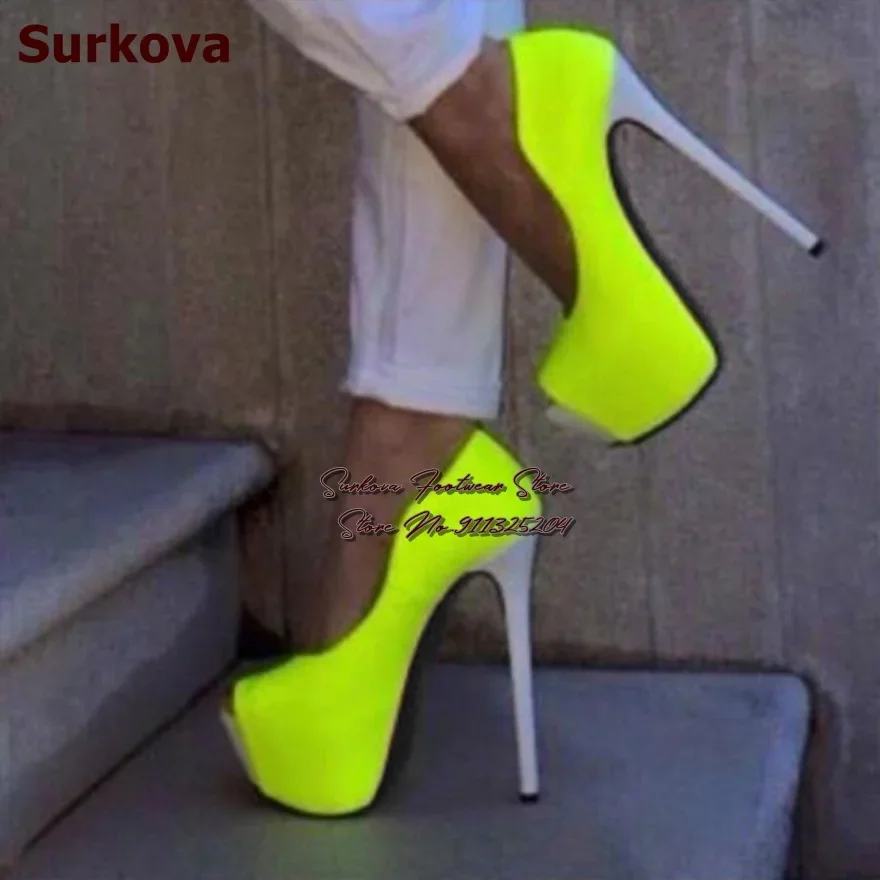 

Surkova Neon Yellow Patent Leather Open Toe Dress Pumps White Stiletto Heels Women Platform Peep Toe Evening Footwear Size46