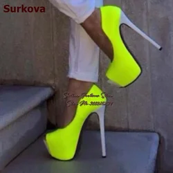 Surkova Neon Yellow Patent Leather Open Toe Dress Pumps White Stiletto Heels Women Platform Peep Toe Evening Footwear Size46