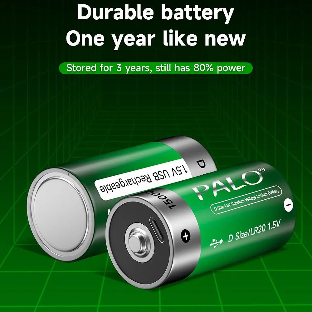 PALO 1.5V D Size Li-ion Rechargeable Battery R20 Type-C USB Charging Lithium Batteries For Flashlight/Water Heater/Gas Stove