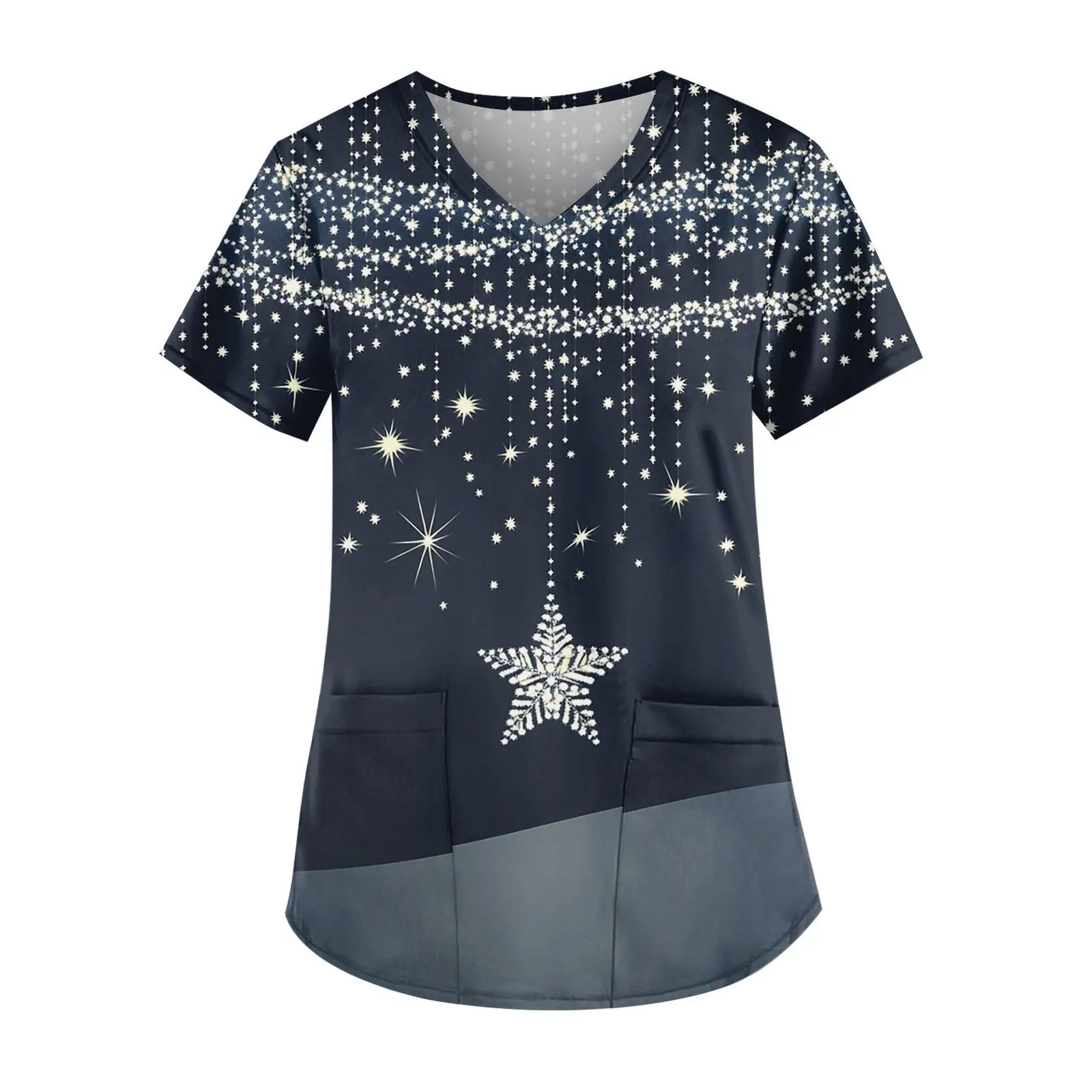 女性用プリント衣類,伸縮性生地,Vネック,半袖,ポケット,ミニマリストトップ,通気性,クリスマスウェア,2018