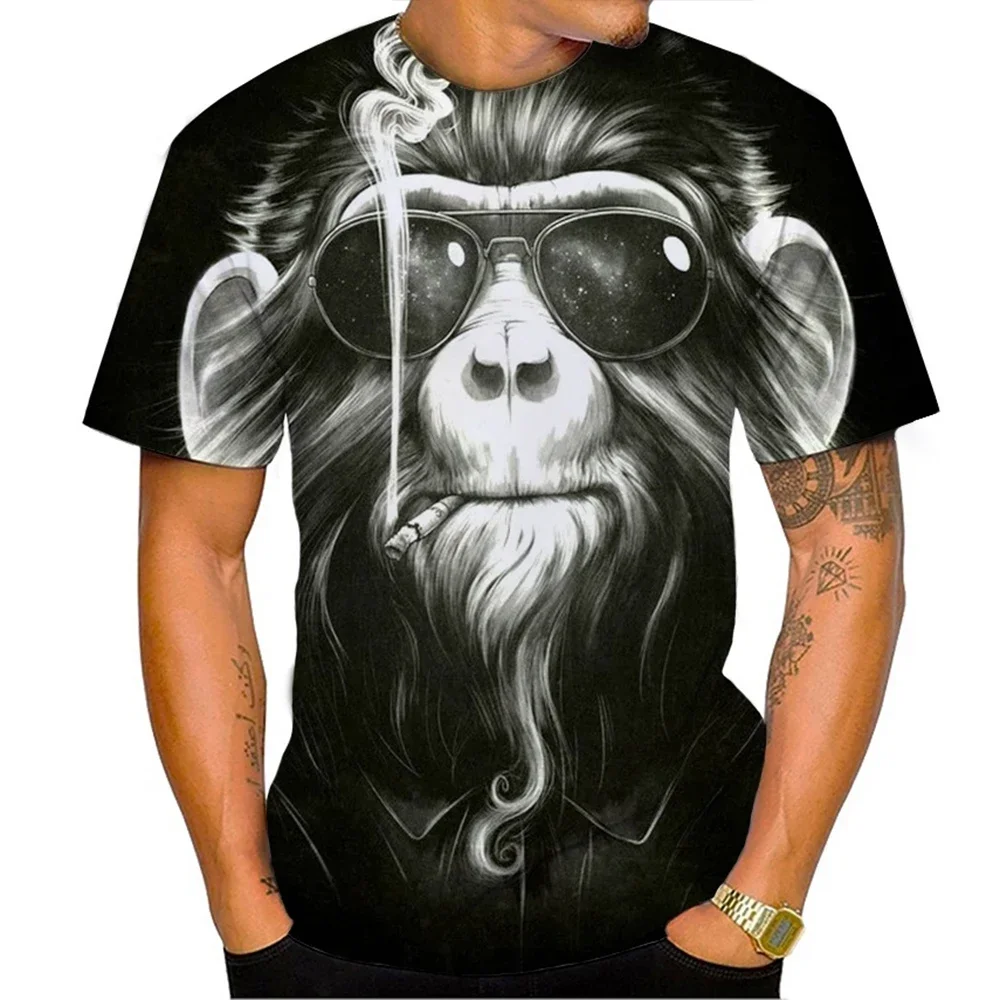 Trendy Hip‑Hop Gorilla With Headphones Spray Gun Graphic Print T‑Shirt Retro Street Punk Crew Neck Short Sleeve Casual Tee Tops