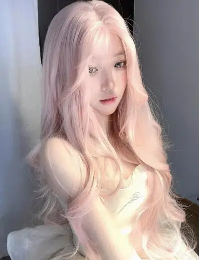 Pink Wig Anterior Forehead Lace Long Wavy Wigs Hair Center Split Wigs Cosplay 30 Inch Woven Daily Natural Smooth Wig