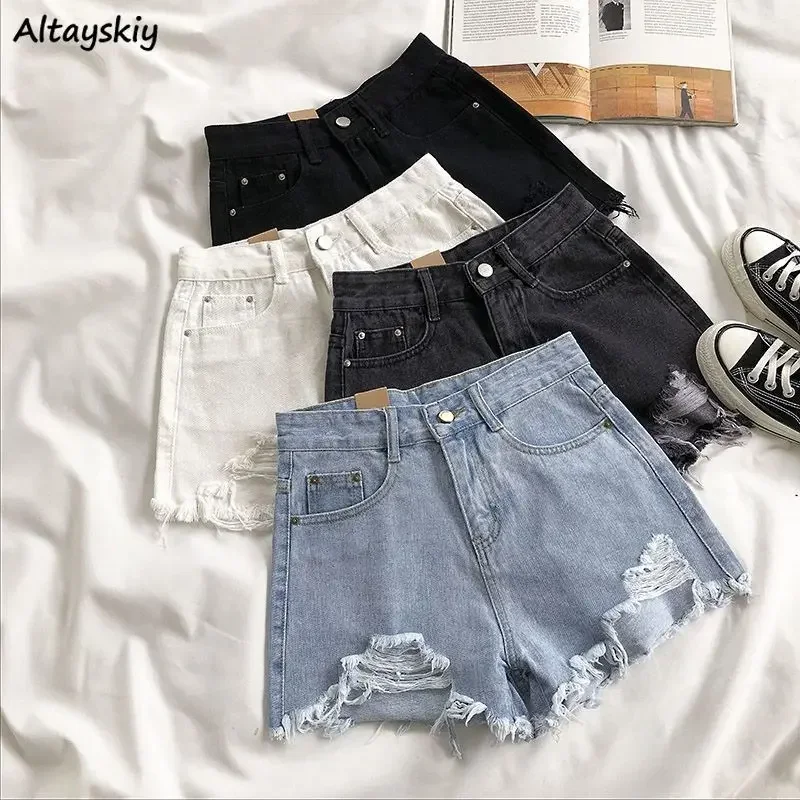 

Women Denim Shorts Summer Hole Harajuku Sexy Students Slender Retro Classic All-match Solid High Waist Fur-lines Ulzzang Hot Ins