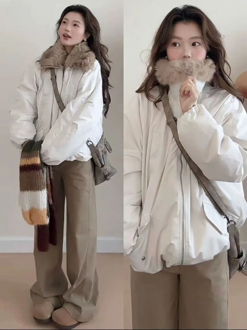 Women Autumn Winter Parka Coat Faux Fur Collar Padded Jackets Zip Up Furry Turtleneck Coat  Casual Warm Streetwear Outerwear
