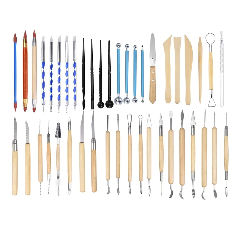 43Pcs Pottery Tools Set Ceramic Clay Sculpting Trimming Kit, Modeling Carving Shaping Tool With Smooth Wooden Handles Durable