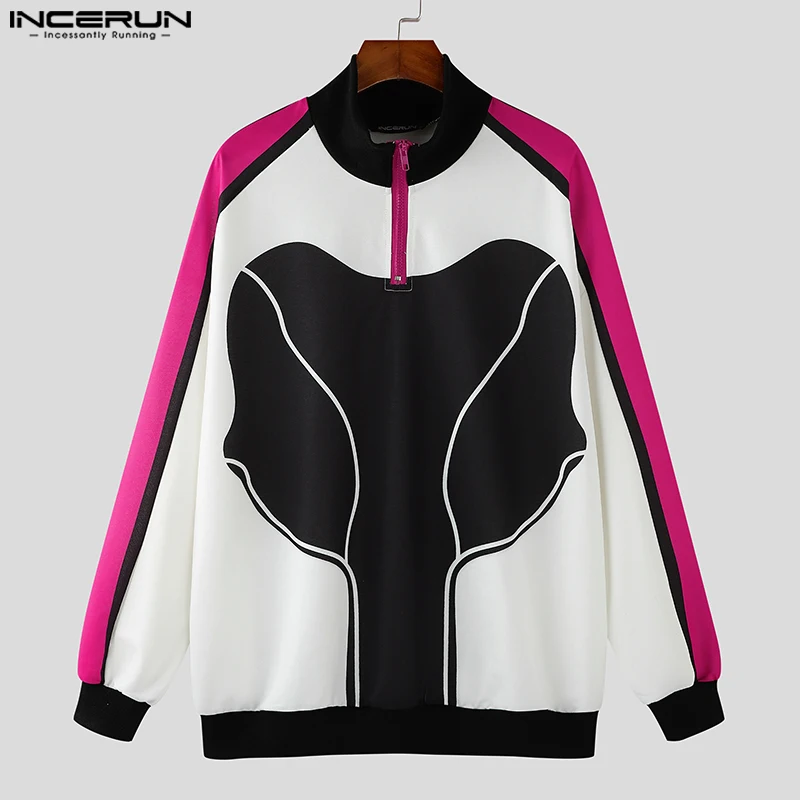 2024 moletom casual masculino de manga comprida incerun estilo americano moda cor retalhos hoodies meio zíper solto impressão pullovers