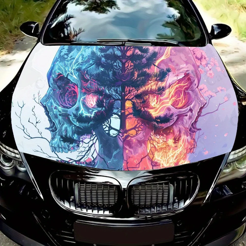 

Eye-catching Blue Pink Skull Car Hood Vinyl Wraps Sticker, Auto Decal, Waterproof Self-adhesive Vehicle Decal, Anti-scratch Auto