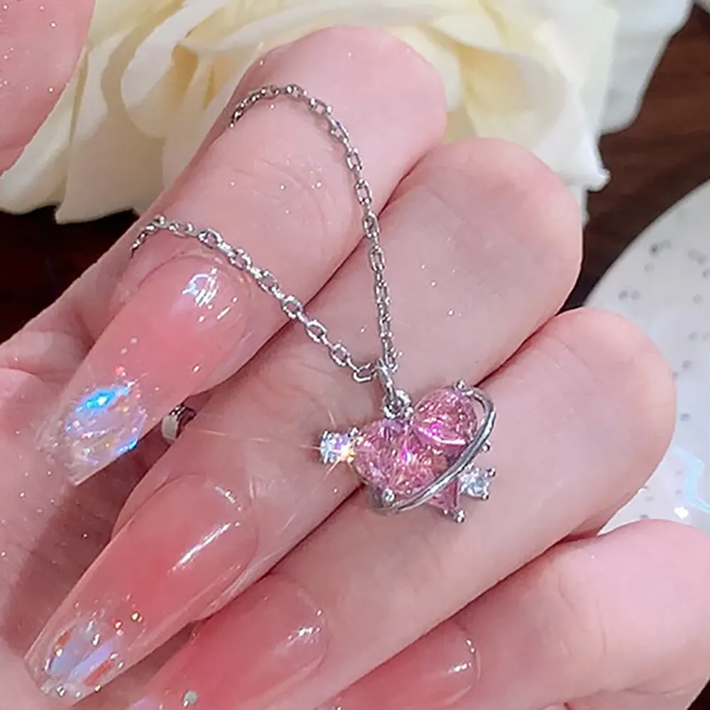 Y2K Crystal Pink Heart Necklac Earring Set Fashion Kpop Shiny Clavicle Chain for Women Girls New Trend Party Gifts Jewelry 2023