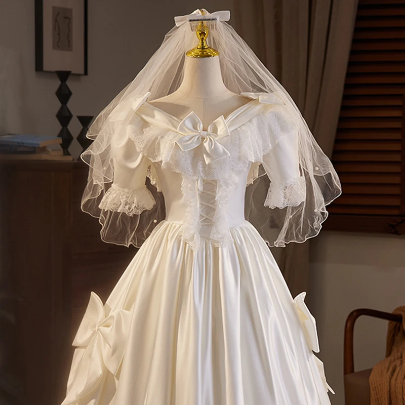 AnXin SH french retro princess white satin v neck ruffles flower lace puff sleeve big bow ball gown customized evening dress image 6