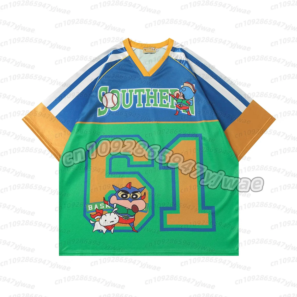 26 Men Crayon Shin-Chan Retro Trendy Brand Cute Cartoon Sports V-Neck Short Sleeved T-Shirt Casual Jersey Men women t-shirt view 3