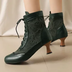 2025 Winter New Fashion Victorian Pointed Toe Ankle Boots for Women Lace Stitching Punk Lace Up Low Heel Big Size Shoes 43 45 48
