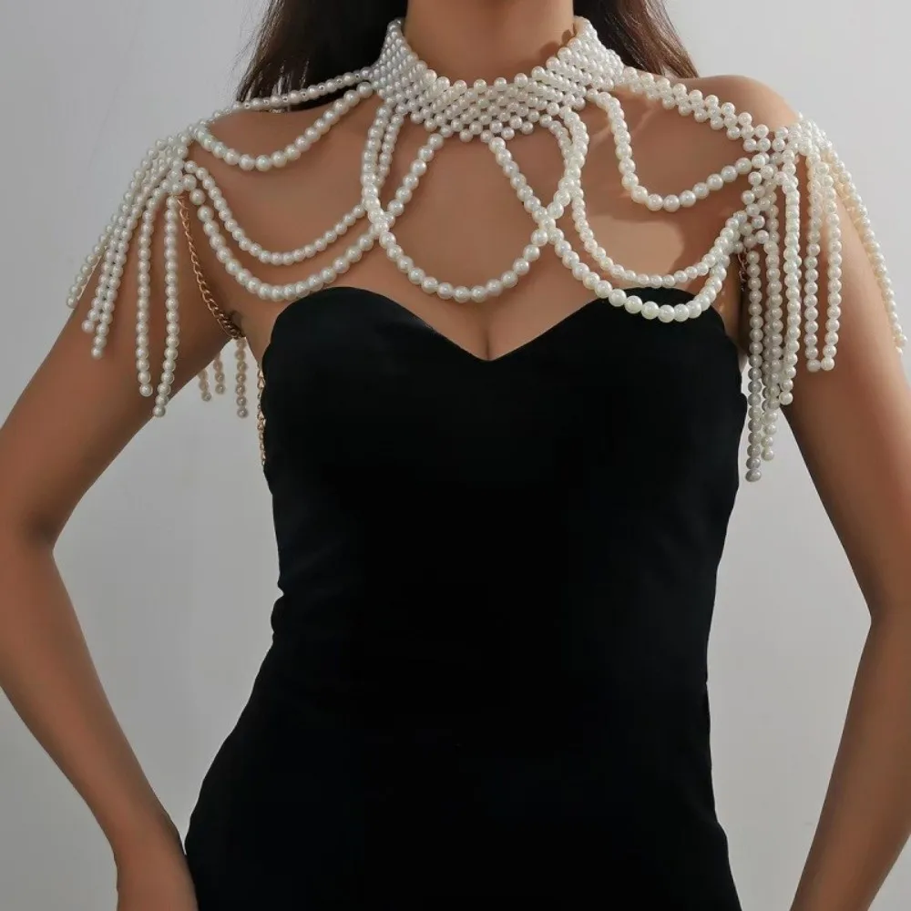 Handmade Beaded Pearl Shoulder Chain Hollow Tassel Imitation Pearl Pearl Shawl Necklace Draped Chain Two Sides Tassel Fringe