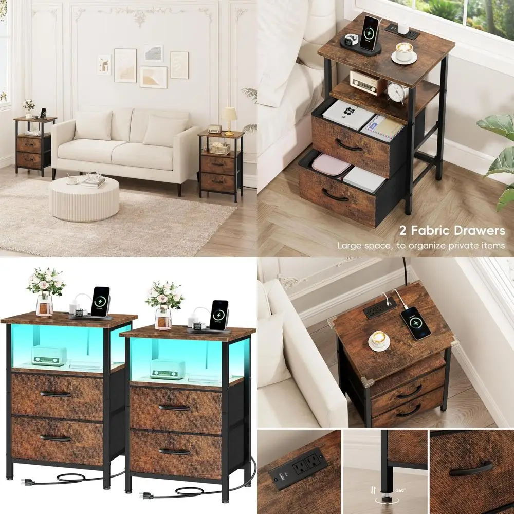 

Set of 2 Nightstands with Charging Stations, LED Lights, Fabric Drawers & Storage Shelves, 24.2 Tall, Rustic Brown for Bedroom