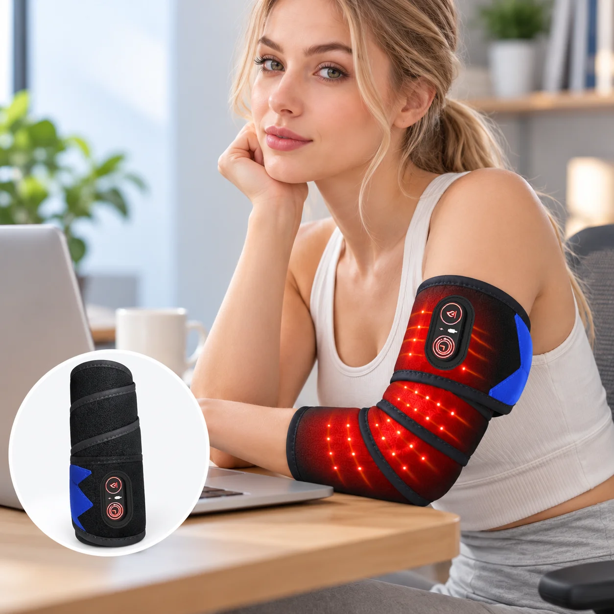 Wearable Red Light Heating Wrap for Elbow Arm Knee Leg, Adjustable Electric Heating Pad with 3 Heat Levels and 3 Timer Settings