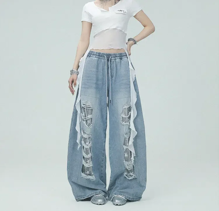 Blue Distressed Vintage Lace Patchwork Ripped Jeans Women Streetwear Y2k American Retro High Waist Wide Leg Denim Pants