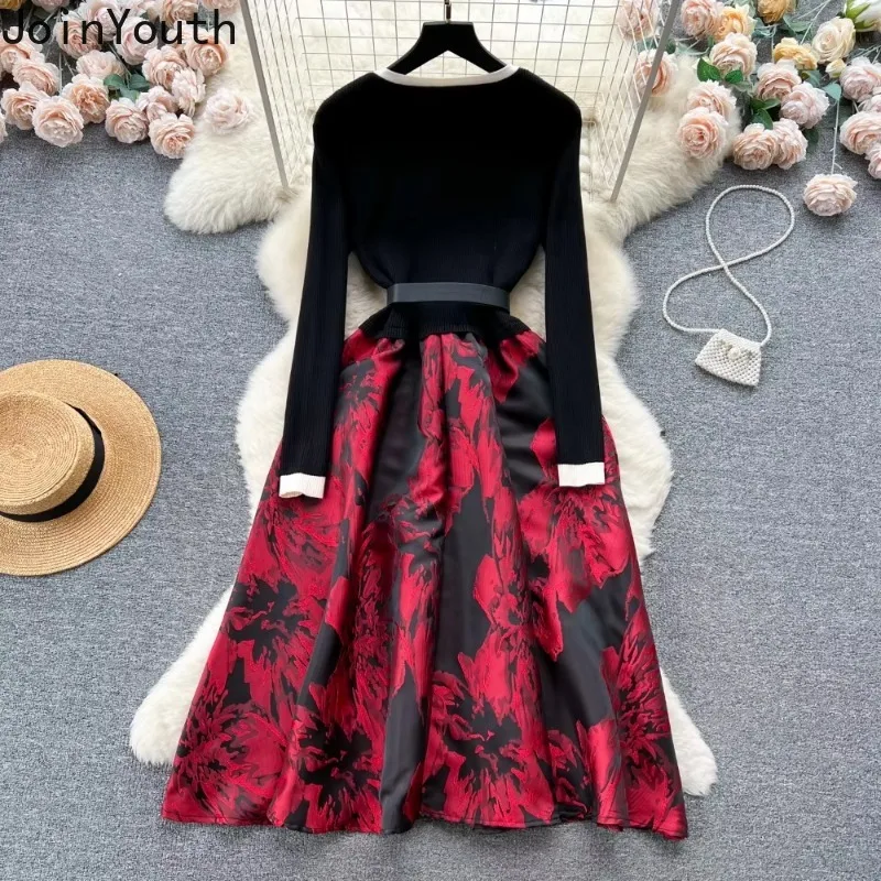 Korean High Waist V Neck Long Sleeve Dresses Women Contrast Color Floral Robe Femme Patchwork Knitted A-line Tunic Chic Dress