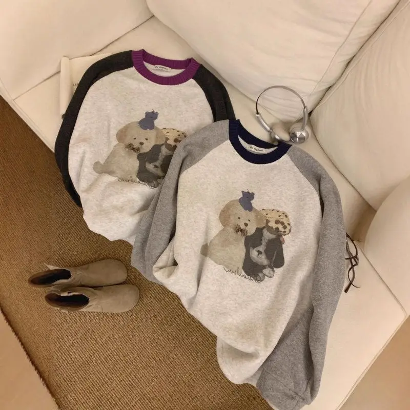 Korean Sle Fce Lined Long Sve Base irt Loose Fit Insert T Thiened Brued Winter Women's Slimming Contrast Color