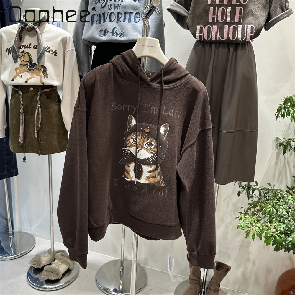 

Winter Women's Short Hoodies Loose European Style Heavy Embroidery Little Cat Design Thickened Fleece Hooded Sweatshirt