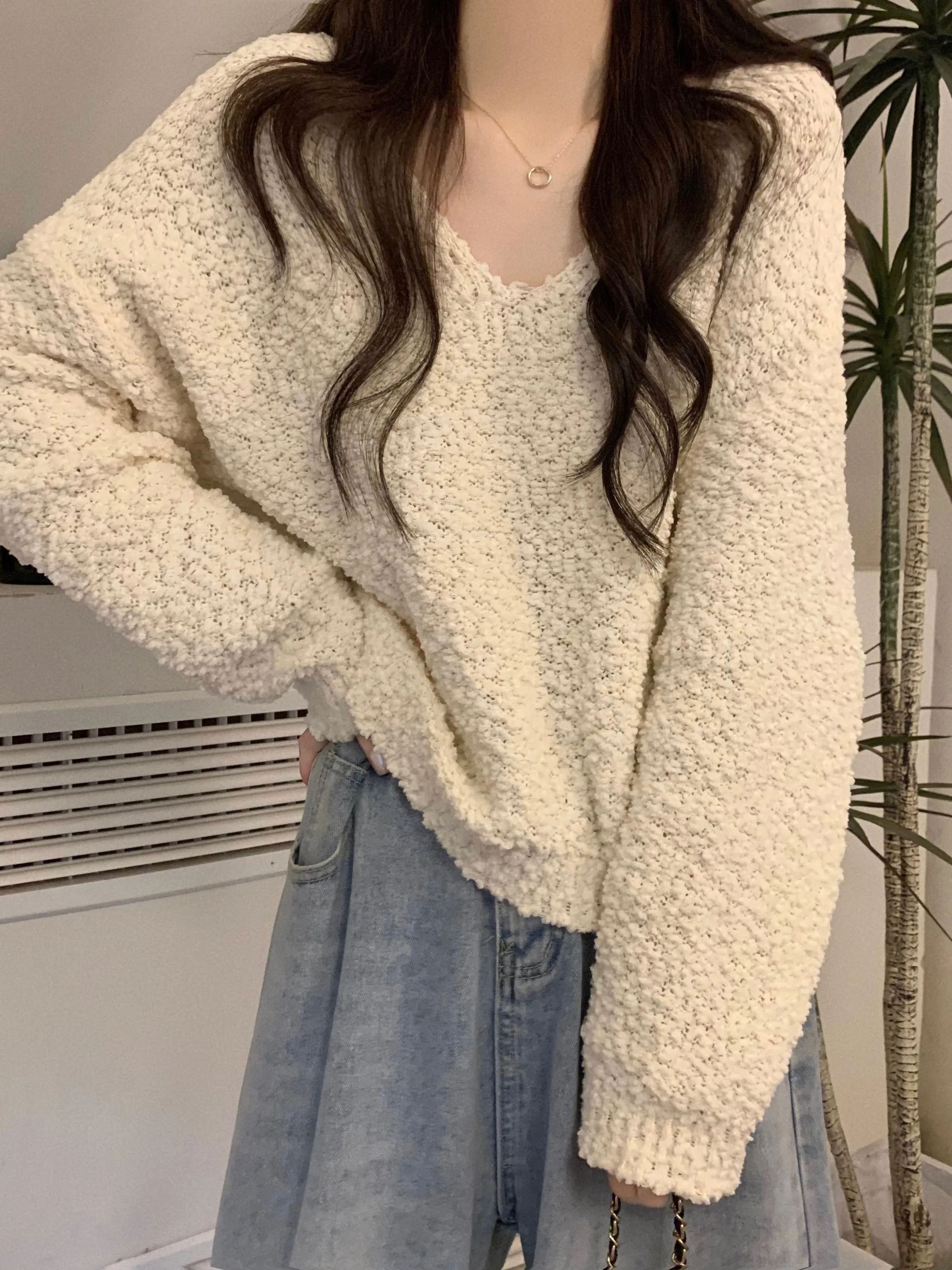 Ladies Thickened Warm Knitted Sweater Soft Loose Slimming Autumn Winter New Style V-Neck Long Sleeve Casual Comfortable Top