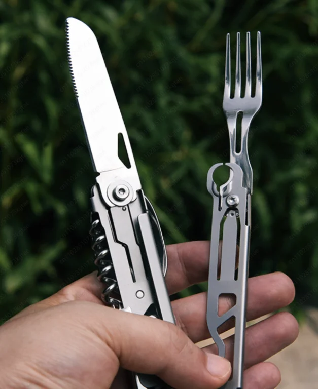 Outdoor camping tableware Stainless steel multi-functional folding fork and spoon combination, red wine bottle opener