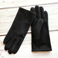 Sheepskin Suede Gloves Female Leather Black Velvet Lining Fashion Hand Repair New Autumn and Winter Warmth Outdoor Travel Points