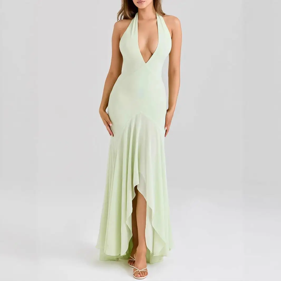 Ele Faionable Deep V Ne Bal Dr Sli suspendu Ne Line jupe trapèze taille haute t-shirt fibre d'acétate Dr