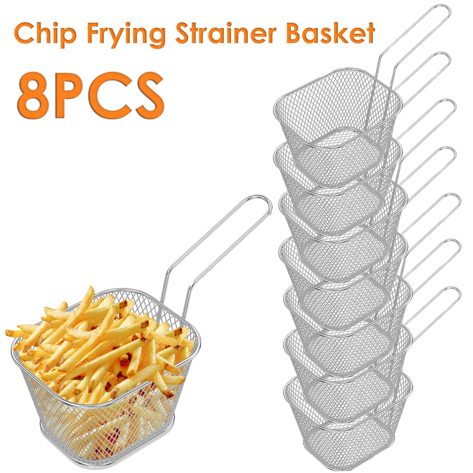 8Pcs Mini Eisen Chip Frittieren Korb Langen Griff Chip Braten Sieb Korb Stapelbar Französisch Braten Display Halter Küche Utensilien