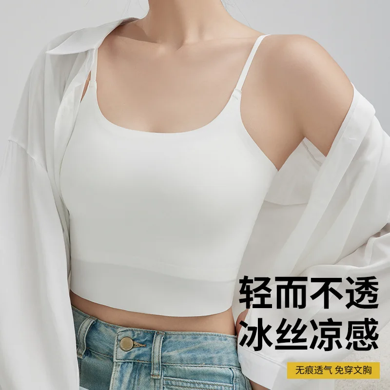 Colete camisola sem alças feminino, sem necessidade de sutiã, estilo fino de verão de uma peça, usável ao ar livre, sem costura, costas bonitas, interno