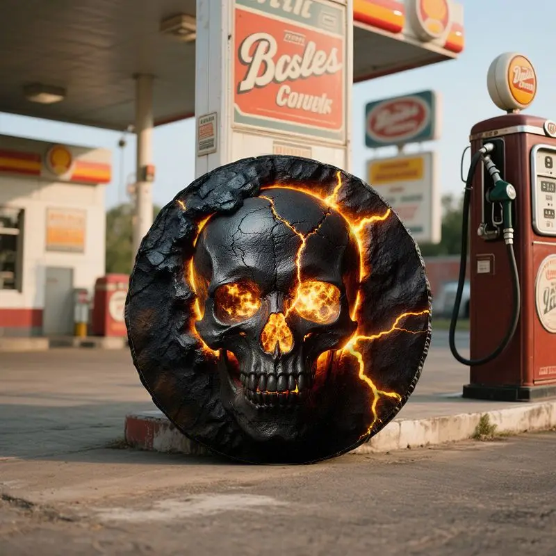 Fit Glowing-in-the-Dark Lava Skull Spare Tire Cover - Heavy-Duty Black & Neon Green/Orange Wheel With UV/Dust Resistant Car Acce view 5