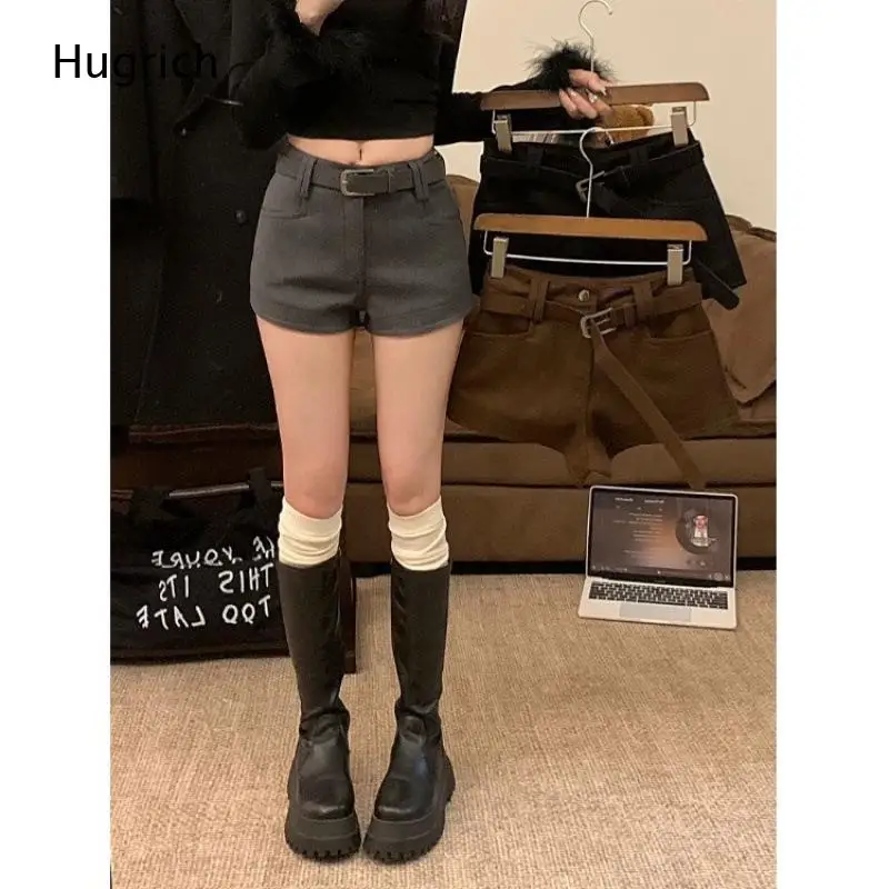 Minimalist All-Match High Rise Skinny Denim Shorts Removable Adjustable Metal Buckle Belt Decor Casual Daily Hot Pants