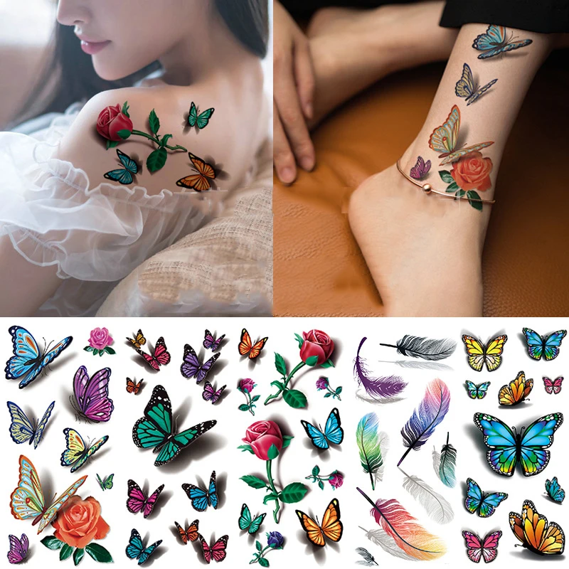 Pegatinas de tatuaje 3D a prueba de agua, tatuajes temporales semipermanentes de Color para mujeres, pies, mariposas, flores, animales