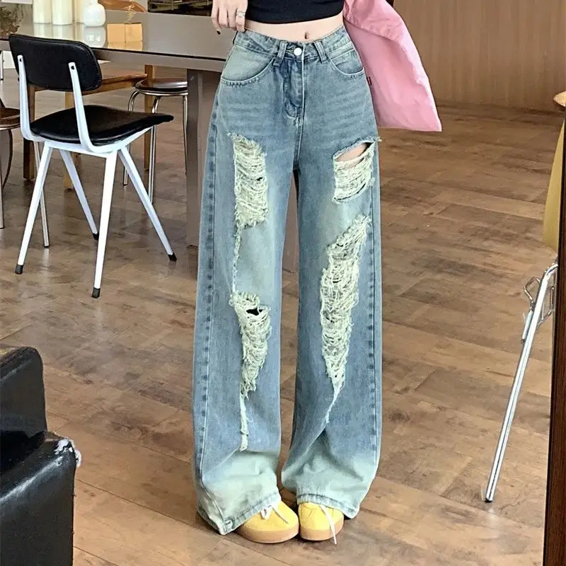 Summer new style retro sweet and cool hot girl showing long legs frayed straight casual floor-length denim trousers for women