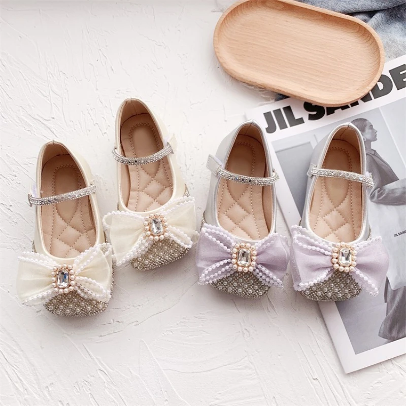 Children Girls\' Leather Shoes Rhinestone Bow Pearl Princess Girls Party Dance Shoes Single Flats Kids Performance Shoe