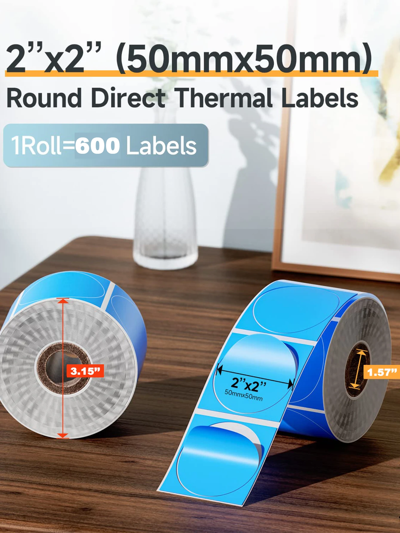 Thermal Labels Sticker Round 2 Inch (Blue, 600 Labels/Roll) Self-Adhesive Round Direct Thermal Labels,Sticker Labels