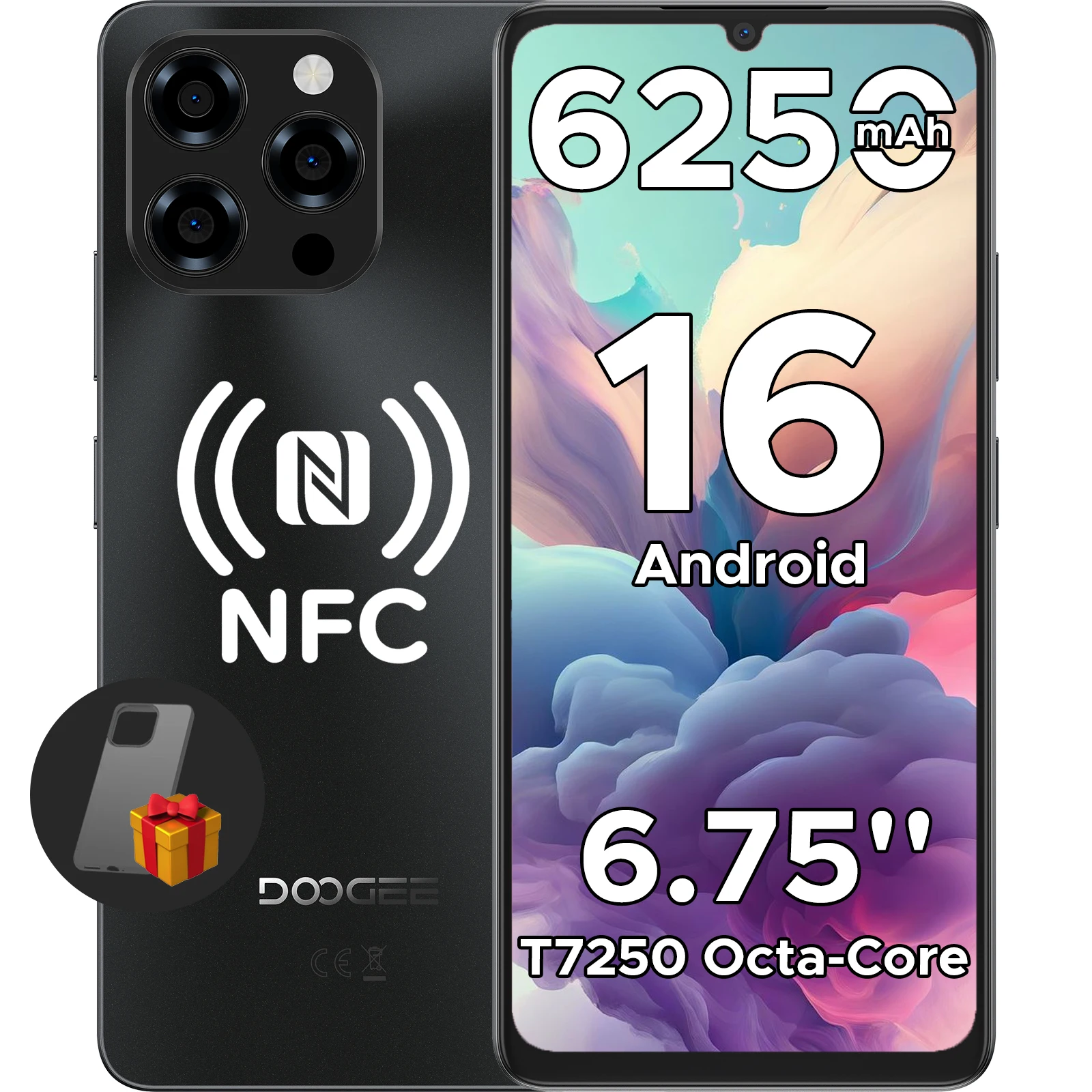 Globale versie DOOGEE Note58 Pro smartphone, 6,75" HD+ scherm, 32 GB (8 GB + 24 GB) opslag, 256 GB, 6250 mAh batterij, NFC, Android 15, mobiele telefoon.