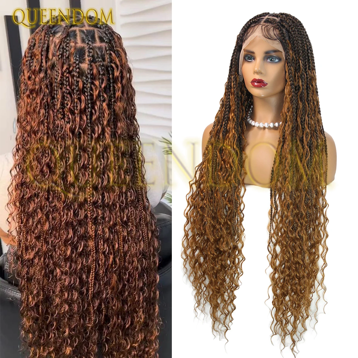 

36-дюймовый коричневый парик Ombre с полным кружевом в стиле бохо без узлов для женщин, парик из синтетических косичек с вьющимися концами