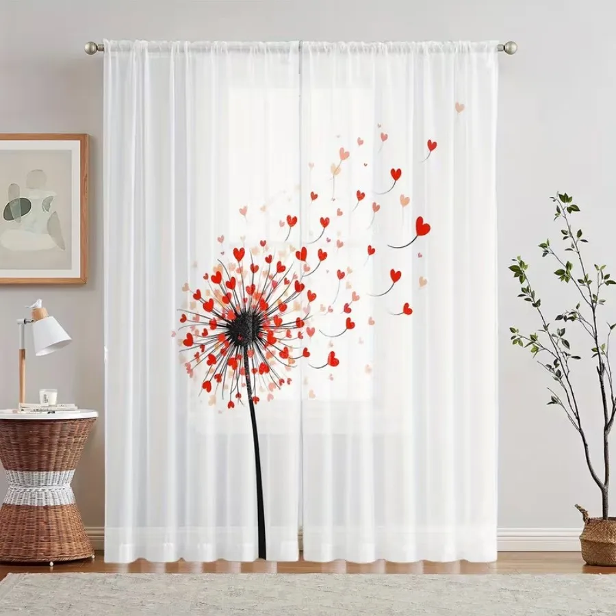 2PCS Digital Print Sheer Curtains, Red Heart Dandelion, Whimsical Romantic Nature Style for Bedroom Living Room Home Decor
