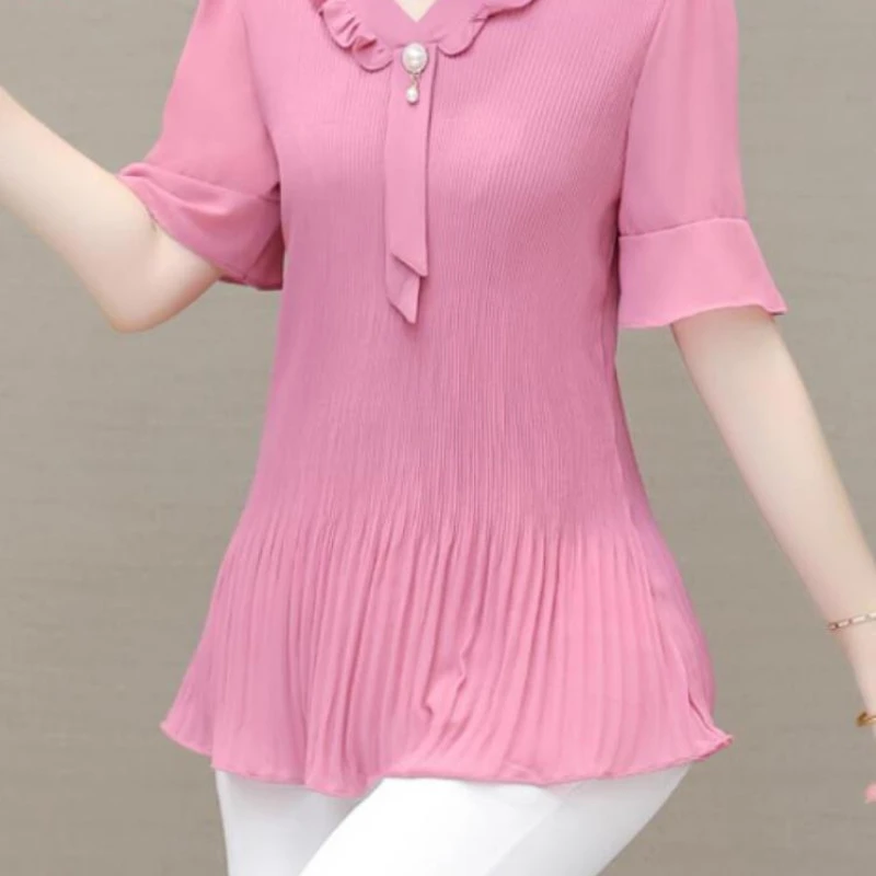 

Women's Blouses 2024 Summer Retro Vintage Elegant Office Women's Shirts Casual Loose Ribbon Pink Peplum Top Blouses LJ222