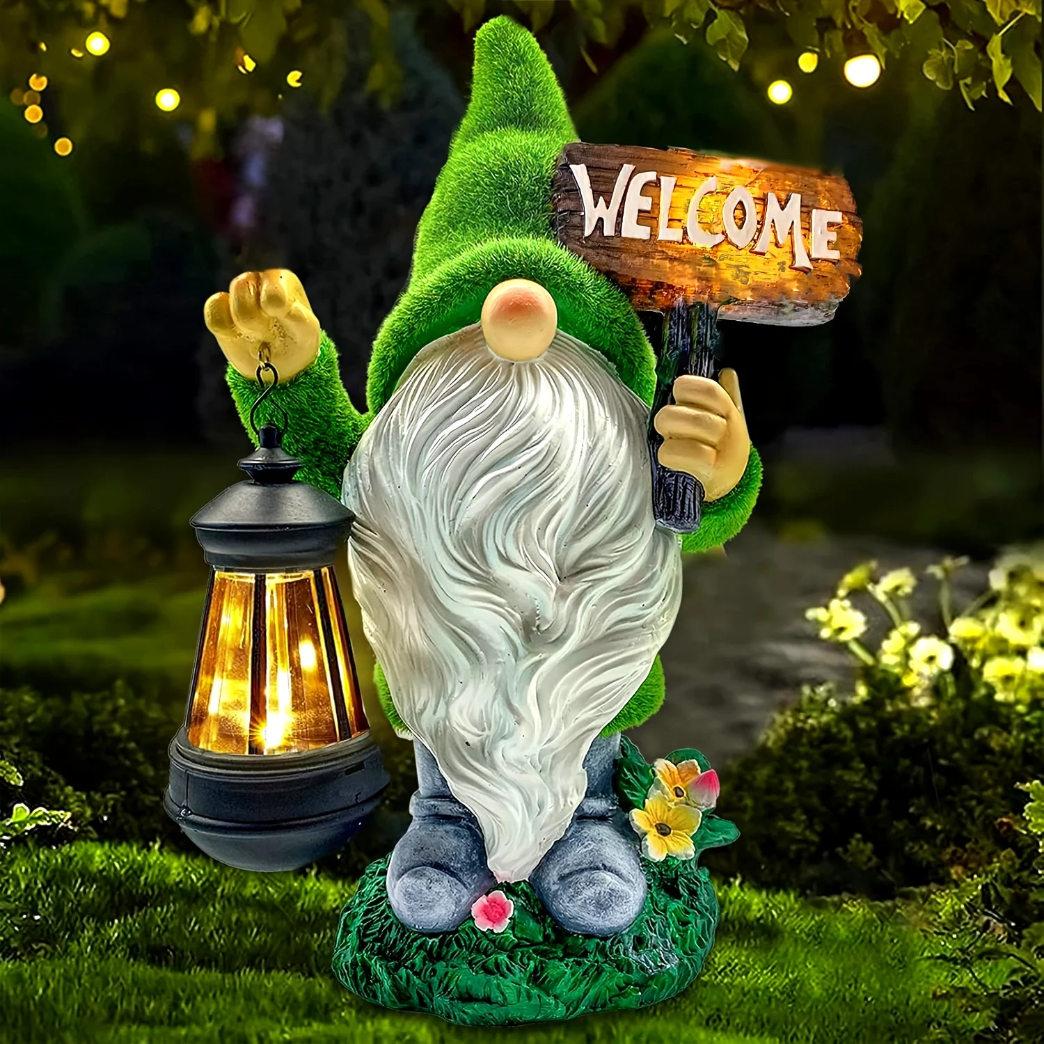 

Garden Gnome Statue Outdoor Decor Large Flocked Resin Gnome Figurine with Solar Light Holding Lantern Welcome Sign