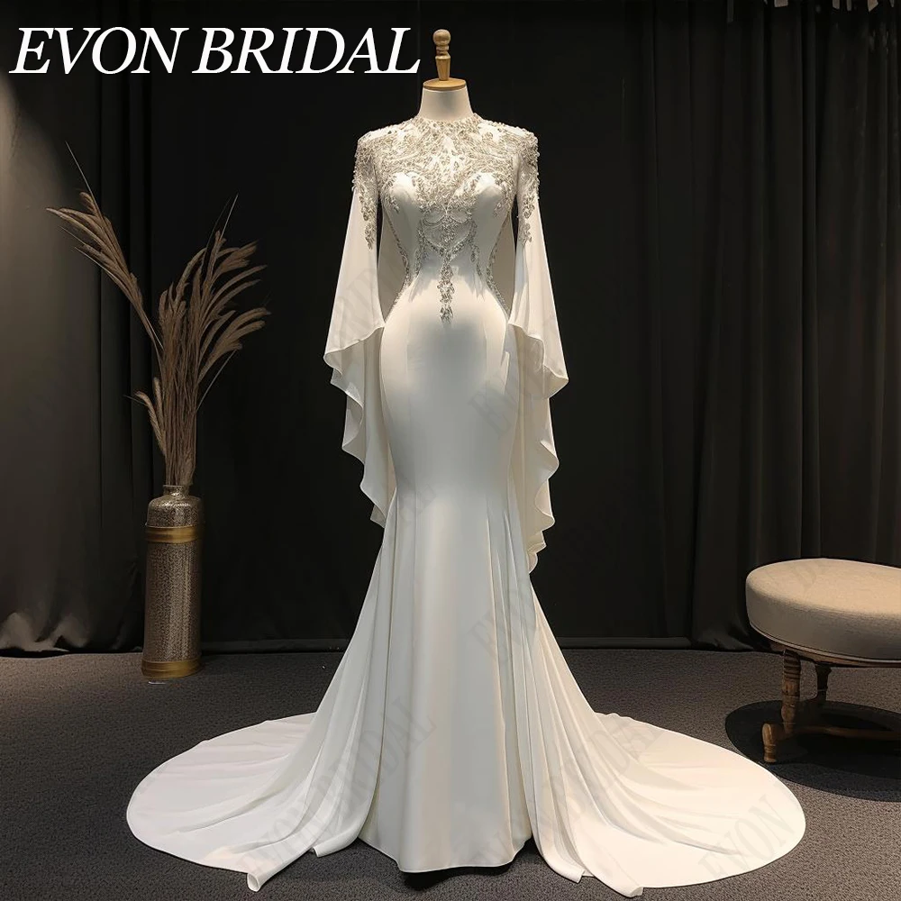 EVON BRIDAL-Robes de mariée de luxe pour femmes, perles de cristal blanches, robes de patients à col rond, manches évasées, 2024