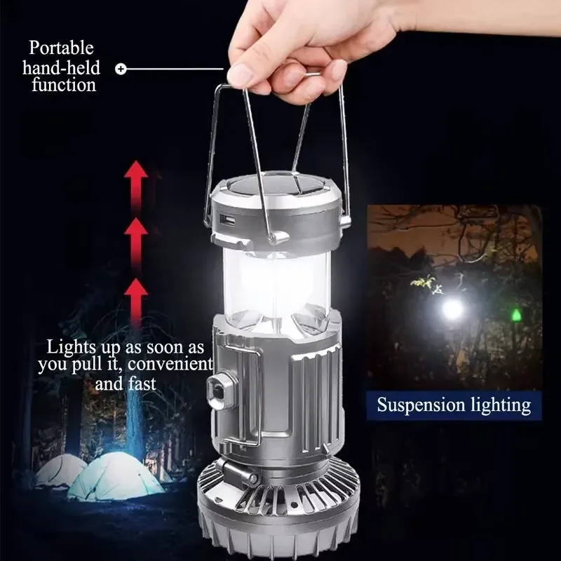 Solar Powered Camping Fan Laser Pointer Function Portable Rechargeable Foldable Hangable Design Power Bank LED Lamp Outdoor