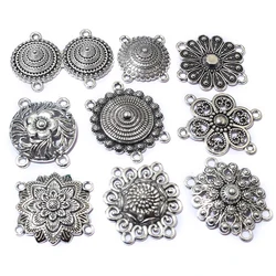 10pcs Antique Silver Plated Boho Vintage Flower Connector Charms Pendant DIY Jewelry Making Accessories Findings