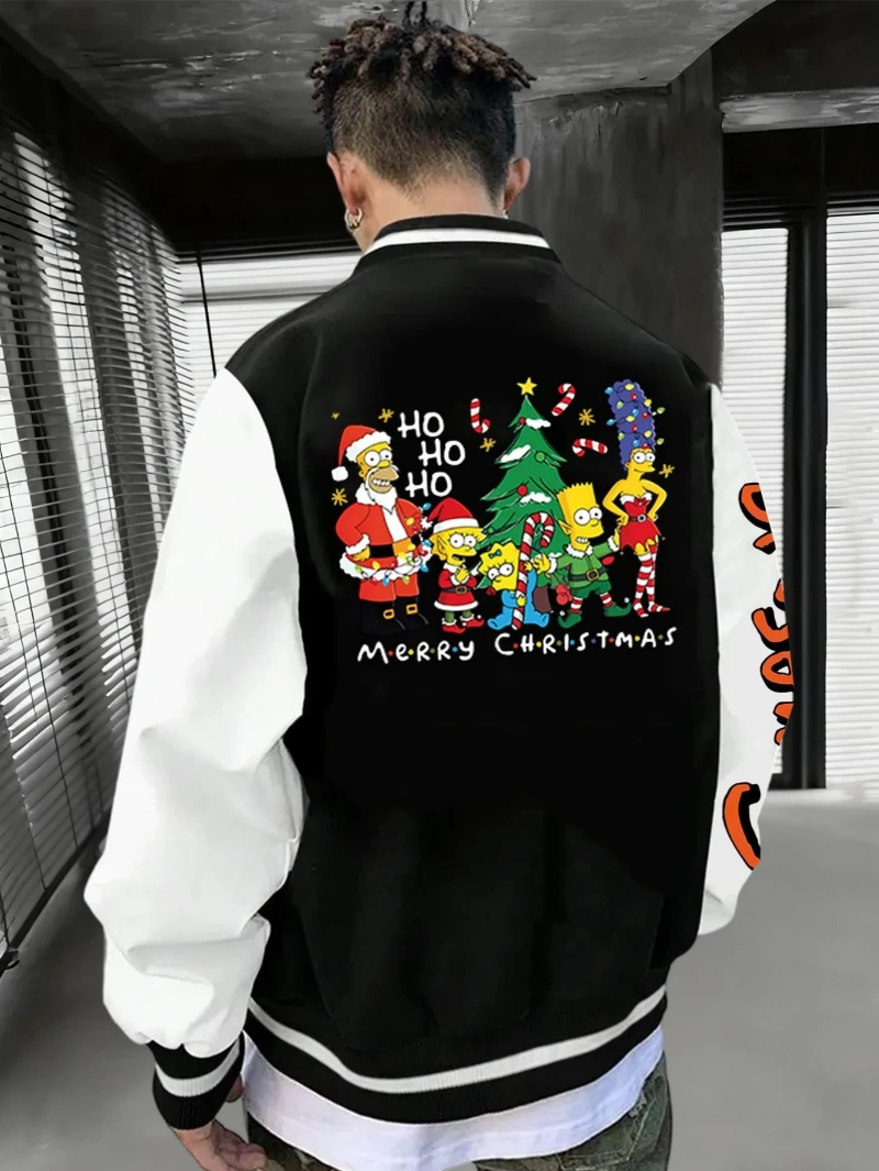 

The Simpsons Men's Baseball Jackets for Autumn and Winter Feature Christmas Theme Printed Patterns and Text for The Whole Family